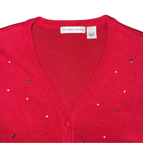 VTG 90s Victoria Jones Christmas Sweater Sz L Embroidered Cardigan Train Village Red Size L