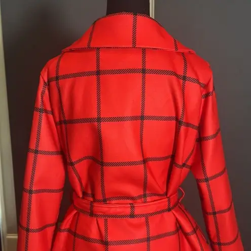 Women’s Red Turn Down Collar Wrap Trench Coat Grid Pattern Belted L (**tag XL) Size L