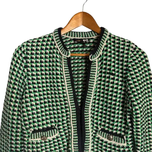 Maje Maneflanne Green Tweed Long Sleeve Preppy Cardigan Jacket Size Small