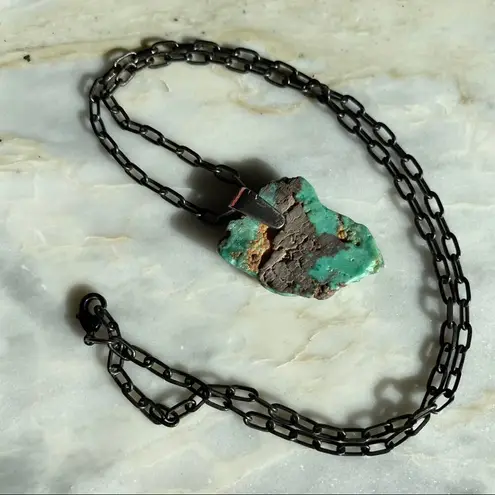 HANDMADE Raw Turquoise Crystal and Silver Pendant Chain Necklace Blue