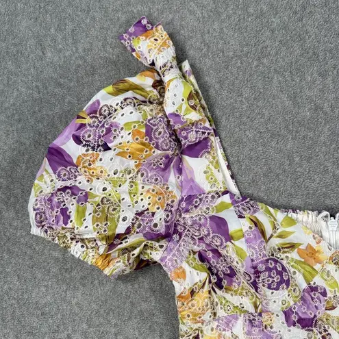 Adelyn Rae Gina Embroidered Eyelet Romper SIze XS Purple Bow Puff Sleeve Shorts