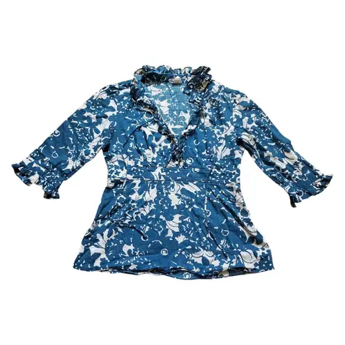 J.Crew  Blouse Women 8 Cottage Core Floral Ruffled Blue Prairie Hawaii Zip V Neck