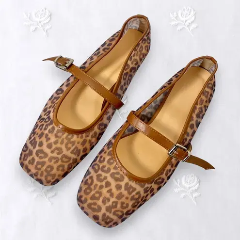 NEW Mary Jane Square Toe Mesh Tan Brown Leopard Ballerina Shoes US 7.5