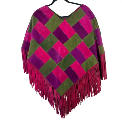 Victor Vintage 1960s Boho Hippie Leather Pink Purple Fringe Poncho One Size Size undefined