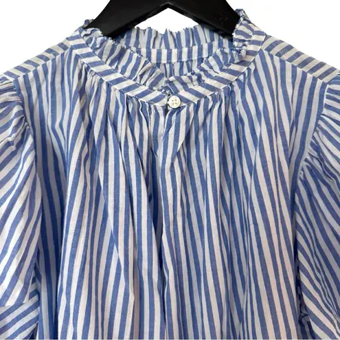 Trovata Small Carla Highneck Shirt in Blue White Stripe Flutter Sleeve Preppy