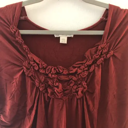 Coldwater Creek Top Maroon Ruffle Front Scoop Neck Short Sleeve Sz S EUC