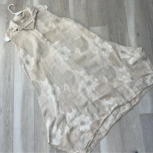 Lagenlook Linen Dress floral flowy shift midi womens Beige (large) boho natural Tan