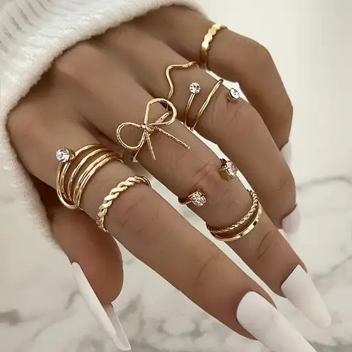 NEW 8pc Gold Ring Set – Coquette Bow, Braided & Adjustable Rings Size 6-7