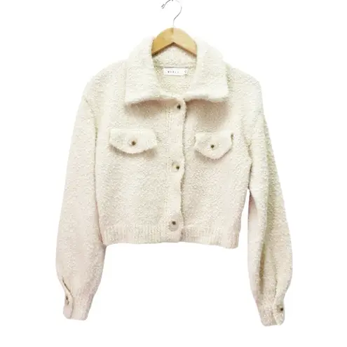 MABLE Textured Boucle Cropped Jacket Size Small Cream Button Front Long Sleeve