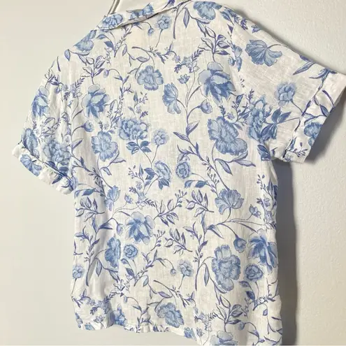 Prairie Rachel‎ Ashwell Pajama Top Linen Toile Floral Print Grecian Blue White Size M