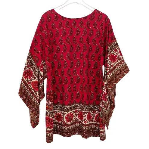 Vintage Red Cranberry Retro Paisley Flowy Tissue Blouse Bell Sleeves Small