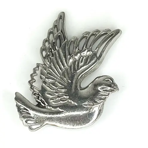 Dove VTG 1950's Signed HP Pewter Turtle Bird BROOCH 2.5" Pin / Pendant Silver