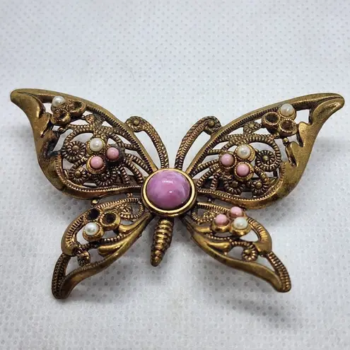 Vintage West Germany Gold, Pink, & White Butterfly Brooch Pink
