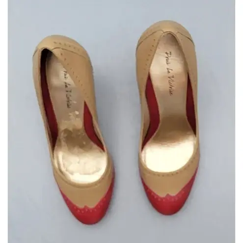 Pour La Victoire Tan / Red Leather Mary Janes Pumps Heels Women's Size 9.5