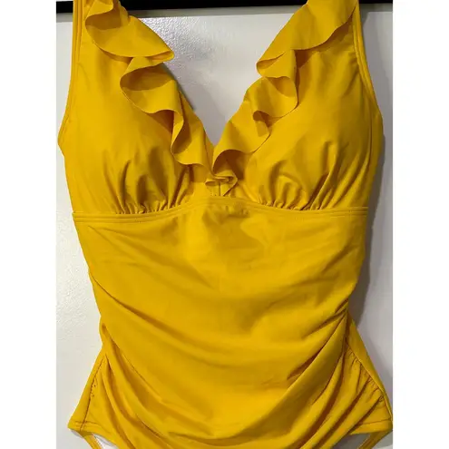 DKNY  Ruffle Plunge Underwire Tummy Control One Piece Yellow Swimsuit Size 10 NWT