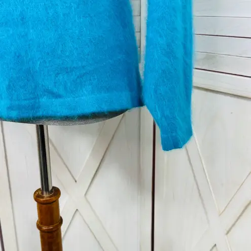 Vintage 80s Stephan Andrews V Back Angora Fuzzy Knit Sweater Turquoise Medium Blue