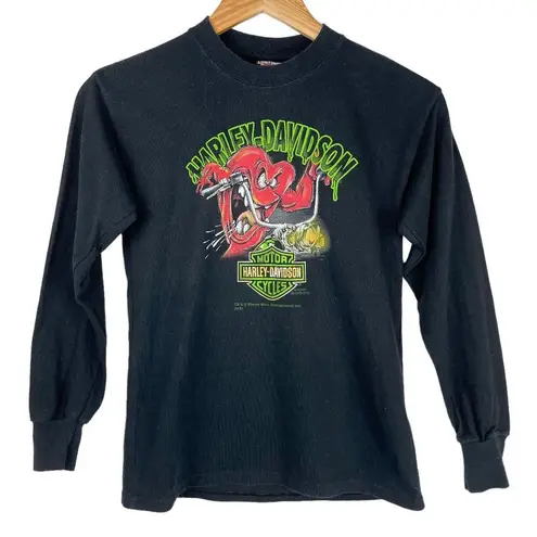 Y2K Harley Davidson Looney Tunes Retro Graphic Long Sleeve Shirt Sz XS/S Black
