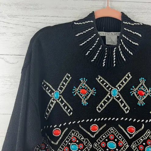 Victoria Jones Vintage Beaded Mock Neck Tunic Sweater Size M