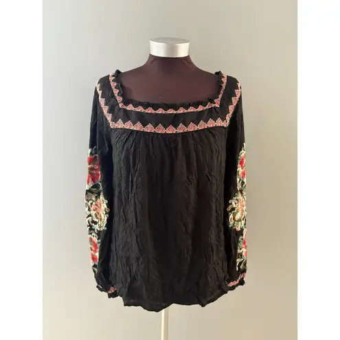 Sundance Artists Vision Tunic Size S Black Floral Embroidered Crinkle Boho NWOT