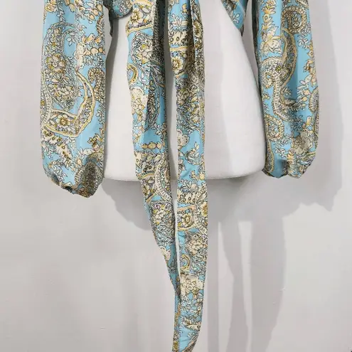 Karma Highway Blue Cream Crop Top with Full Sleeves and Tie Waist One Size Size undefined