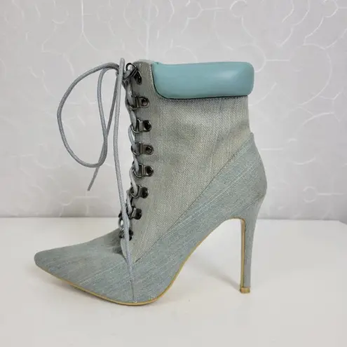 Cape Robbin Mini Womens Boots Size 8 Blue Denim Lace Up Pointed Toe Heel Bootie