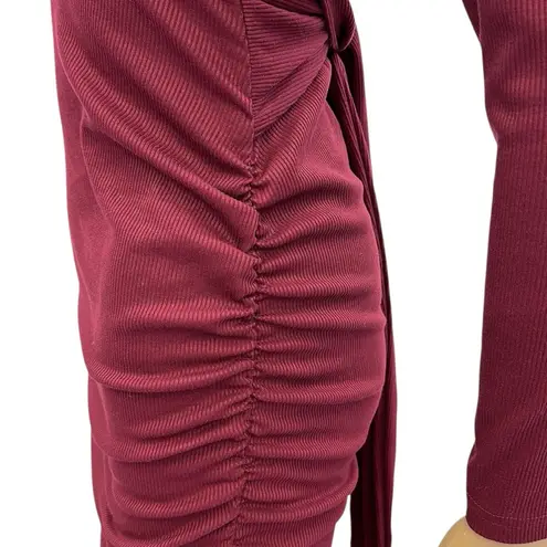 SheIn  Burgundy Ribbed Side Ruched Long Sleeve Tie Back Midi Dress Womens Small