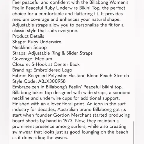 Billabong  Feelin Peaceful Ruby Underwire Bikini Top