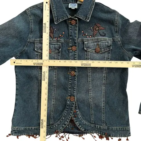 Diane Gilman Women’s Denim Funky Boho Jacket Rhinestone Buttons Beaded Fringe Blue Size M