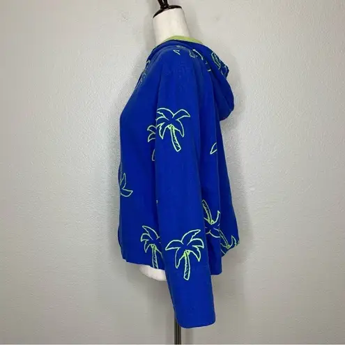 Erin London Linen Blend Vintage Blue Palm Trees Zip Up Hoodie Jacket