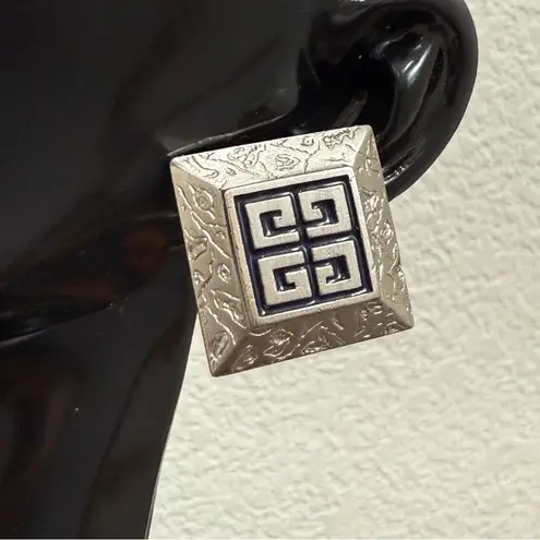 Givenchy Vintage Silver Tone Classic Logo Square Runway Statement Earrings