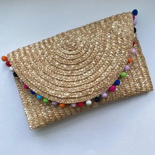 Vintage straw rainbow poms envelope clutch purse
