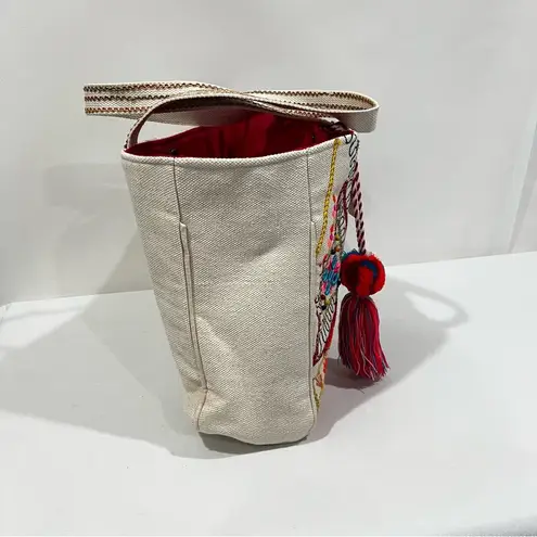 Heavy Canva Tote Embroidered Cream Bag Pom Pom Lined Aztec Print Multicolored Pink - Image 4