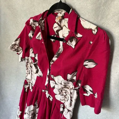 Maeve Anthro A-line Dress Magenta Floral Shirt Dress Ribbed Texture Tropical