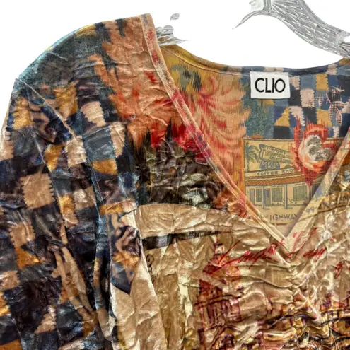 Vintage CLIO Women's Velvet Ruched Top Long Sleeve V Neck Graphic Retro Y2K M Tan Size M
