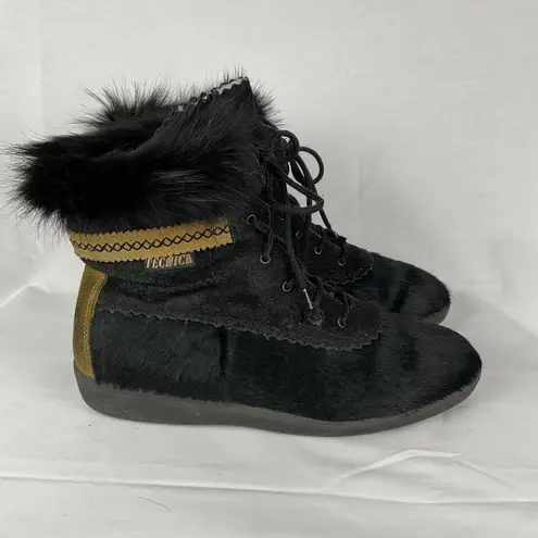 Vtg Fur Sheepskin Tecnica Black Lace Up Ski Snow Boots Sz 42 Shearling Lined