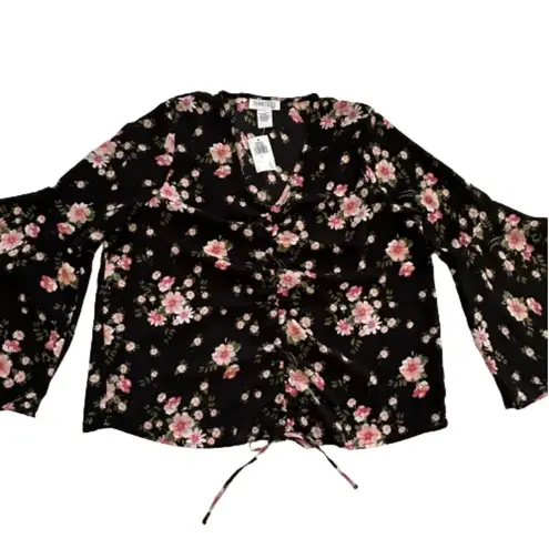 Planet Gold Black Pink Floral V-Neck Bell Sleeve Top Blouse Top Size 1X NEW