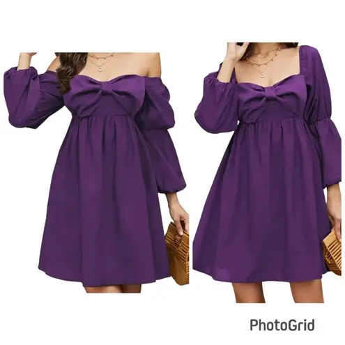 Exlura  Women's Purple‎ Square Neck Puff Sleeve Bow Smocked Babydoll Mini Dress M