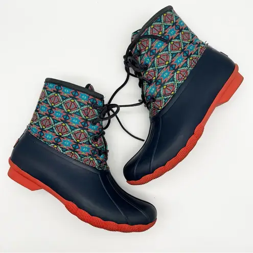 Sperry Saltwater Textile Navy Coral Aztec Print Snow Rain Duck Boots Women’s 8