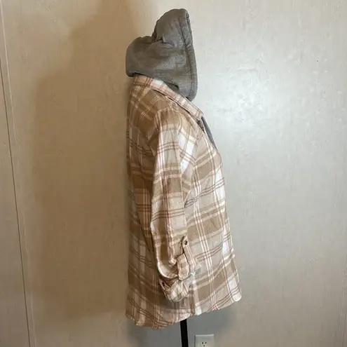 No Comment NO‎ Comment Pink Tan Plaid Button Up Hoodie Size Large. Super cute!