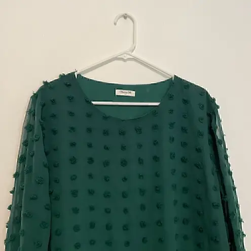 Blooming Jelly Lantern Long Sleeve Round Neck Top Dark Green Swiss Dot Boho Fall