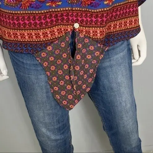 New Directions Boho Floral Button Front Tie Hem Top Pink Purple Print Size L Red Size L