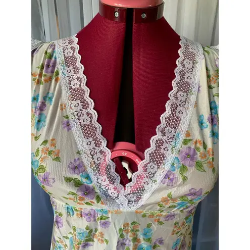 nightgown vintage 1970s floral deep V neck blue pink orange Size L