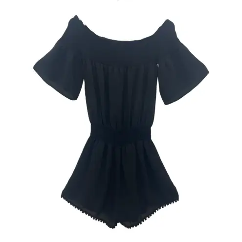 Patrizia Pepe Romper Women's S Smocked Neck & Waist Pom Pom Trim Silky Black