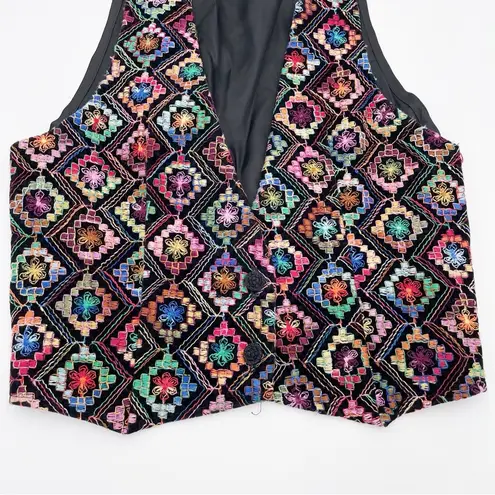 Vintage 80s 90s Try One Rainbow Embroidered Vest Diamond Print Size Medium Funky Black