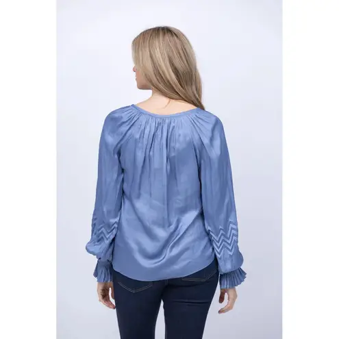 Ramy Brook  Blake Blouse Medium Steel Blue Chevron Pleated Ethereal Peasant Flowy