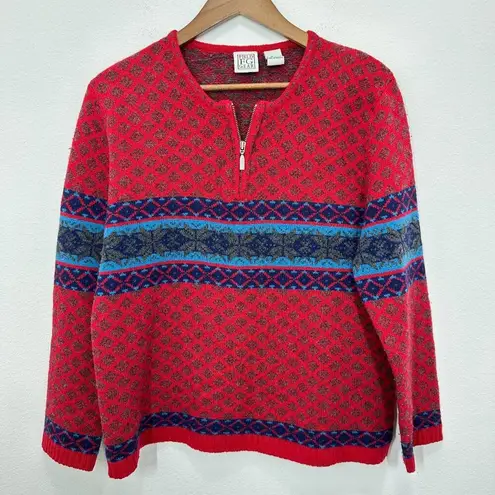 Vintage Field Gear Bright Red 100% Lambswool Fair Isle Quarter Zip Cabincore Size L