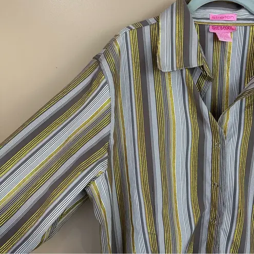 she's cool She’s Cool Gray & Gold Metallic Striped Stretch Button Front Shirt 3X
