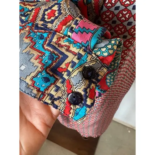 Tolani  Shirt Women Medium Pink Blue‎ Silk Geometric Long Sleeve Tunic Top Boho