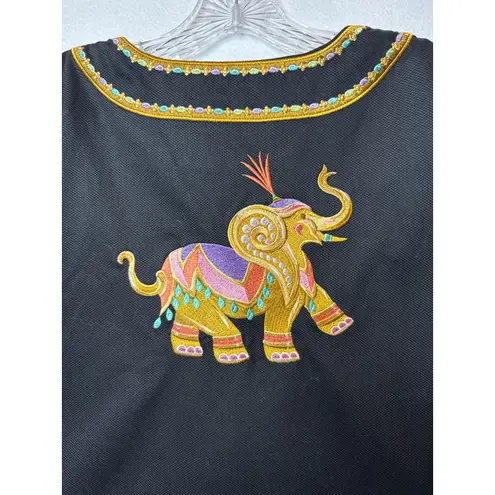 Bob Mackie wearable art black coat embroidered Elephants gold logo buttons large