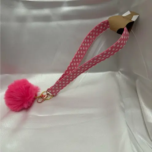 Handmade  Pink and White Polka Dot Wristlet Keychain with Pink Pompom